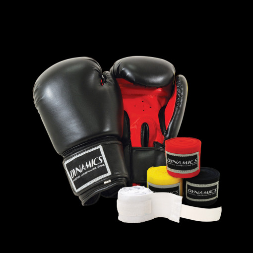 ELITE BLACK BOXING GLOVES AND HAND WRAP SET